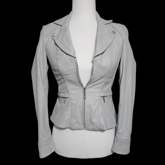 White House Black Market Gray Leather Moto Jacket with Zipper Diamond Detail - Picture 1 of 16